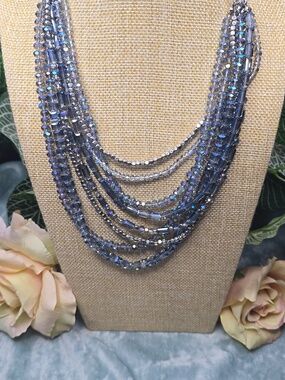 Blue AB Crystals & Silver Tone  Beaded 8 Strand Layered Necklace